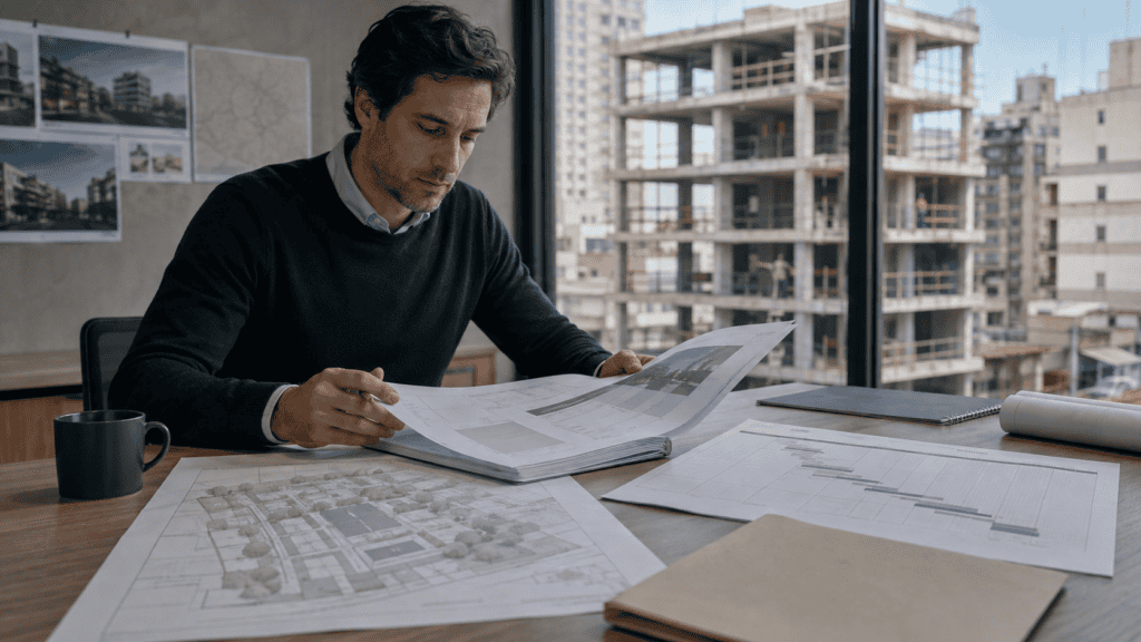 Documentación, cronograma de obra y plano revisados antes de invertir en un desarrollo en preventa