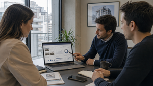 Equipo inmobiliario revisando indicadores de captación, precio y seguimiento comercial en un tablero