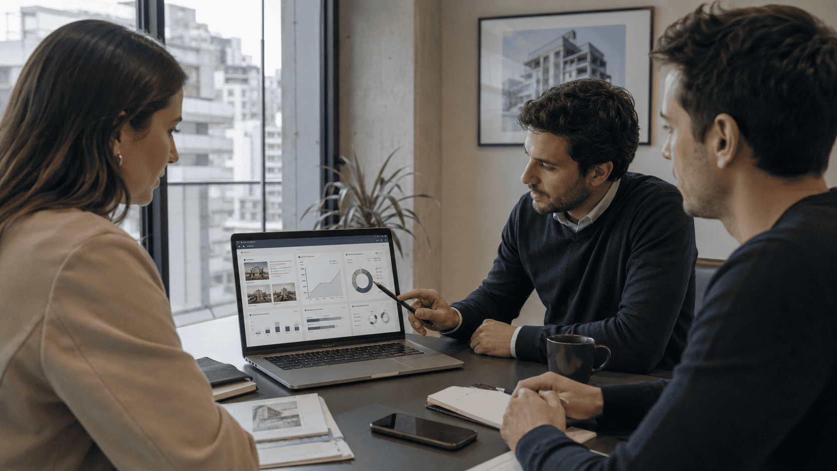 Equipo inmobiliario revisando indicadores de captación, precio y seguimiento comercial en un tablero