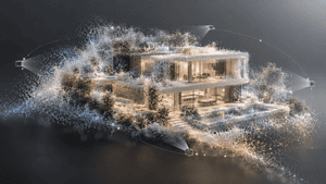 Escena inmobiliaria reconstruida mediante Gaussian Splatting para un recorrido inmersivo